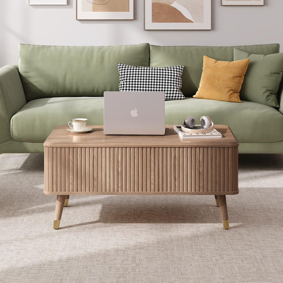 JOINICE, Round Coffee Table with Storage, Mid Century Modern Center Table with Sliding Cabinet Door, Fluted Dining Table for Living Room, Home Small Space, 31.5", Walnut