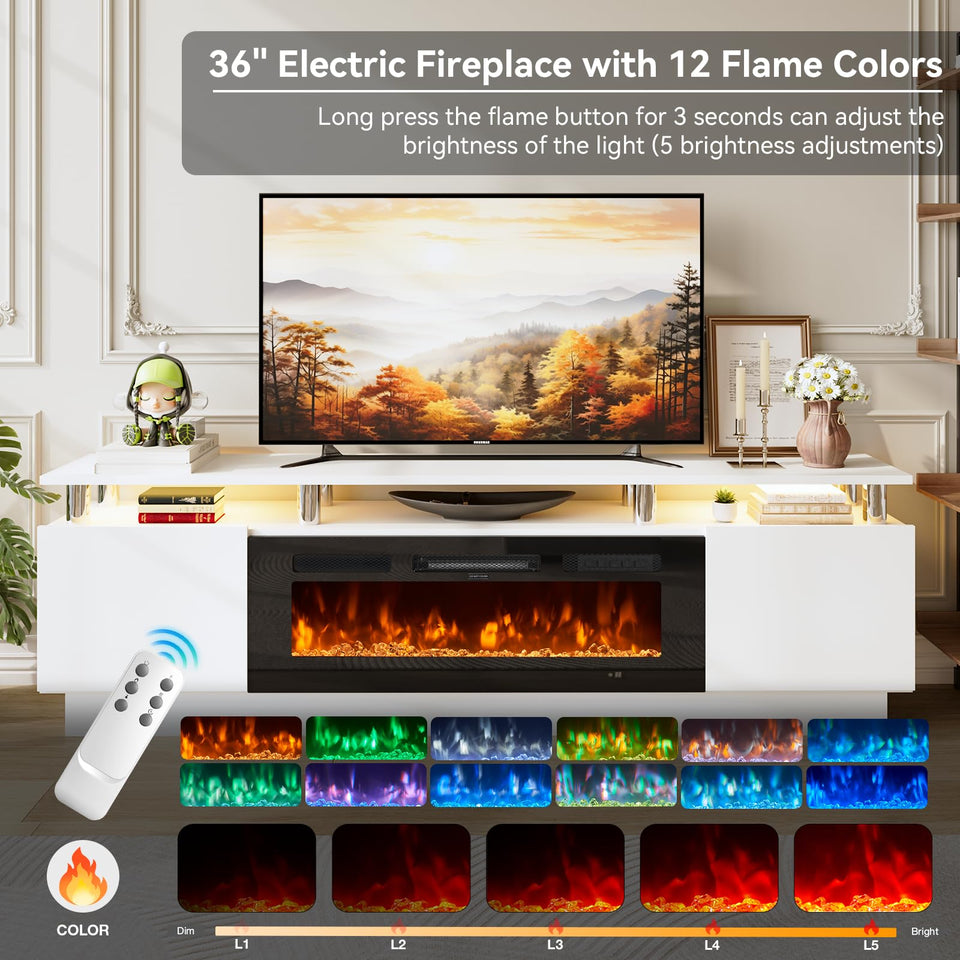 OneBlis 70" TV Stand for Living Room, Modern Entertainment Center & Media Console, Fits TVs up to 80", Storage Cabinet with Shelves, 36" Electric Fireplace with LED Flame (All Black)