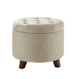 Amazon Basics Round Linen Ottoman with Storage, Tufted Upholstered Footstool for Living Room and Bedroom, 20" x 17", Linen Burlap Beige
