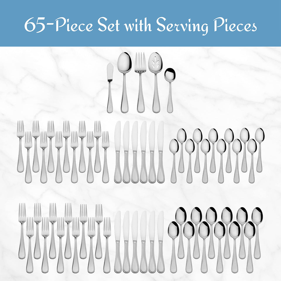Mikasa Bravo 65-Piece Flatware Set for 12, 18/10 Stainless Steel Silverware with Full Service, Includes Forks, Knives, Spoons, and Serving Utensils