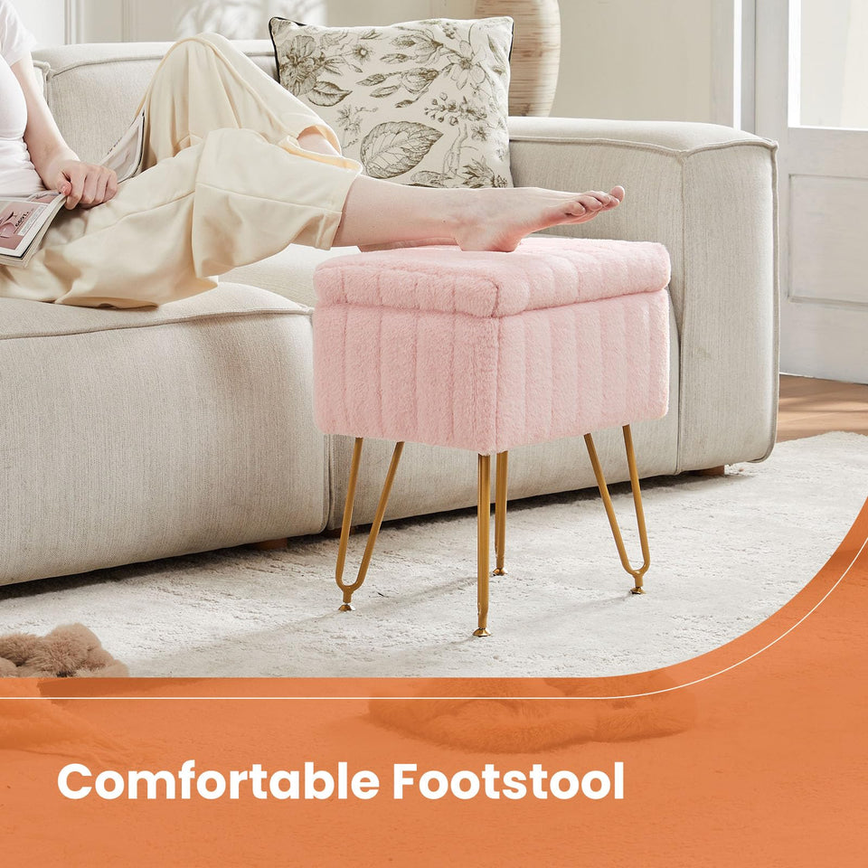 Sweetcrispy Vanity Stool Chair with Storage, Ottoman Faux Fur Soft Padded Makeup Footstools Seat with 4 Metal Legs Anti-Slip Adjustable Feet Modern Cute Small Footrest for Home Entryway Bedroom White