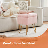 Sweetcrispy Vanity Stool Chair with Storage, Ottoman Faux Fur Soft Padded Makeup Footstools Seat with 4 Metal Legs Anti-Slip Adjustable Feet Modern Cute Small Footrest for Home Entryway Bedroom White