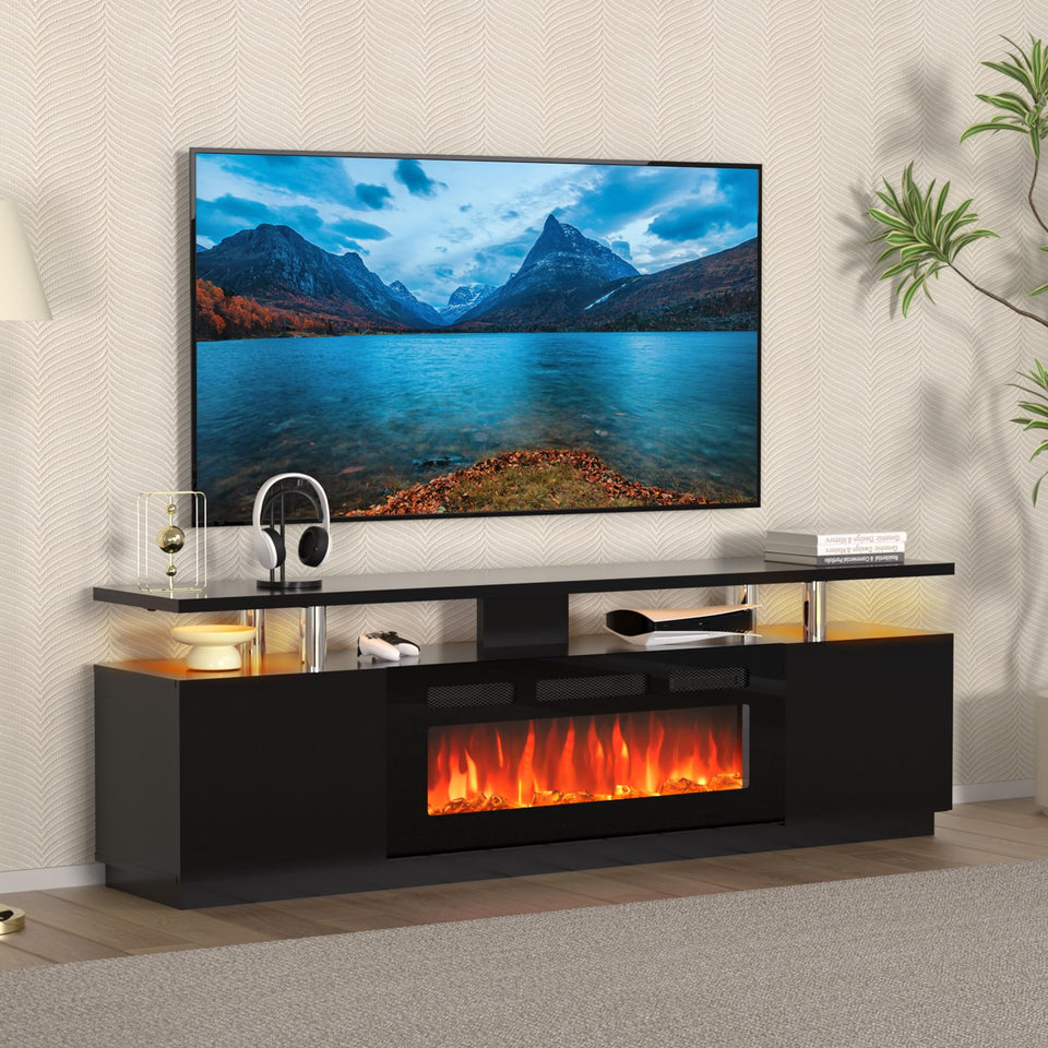 KOKEBREN 70'' Fireplace TV Stand, Entertainment Center with 36'' Firplace, 2 Tier TV Console Cabinet with Storage Cabinet, Electric Fireplace Heater with LED Light and 12 Flame Colors, Black