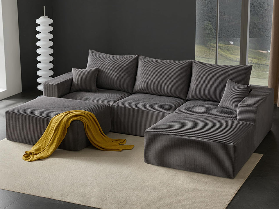 Boneless Sectional Cloud Couch Sofa for Living Room, 112" U-Shaped Modular Modern Lounge Sleeper Black Couches with Chaise, No Assemble, Cordury Compression Upholstered Sofas