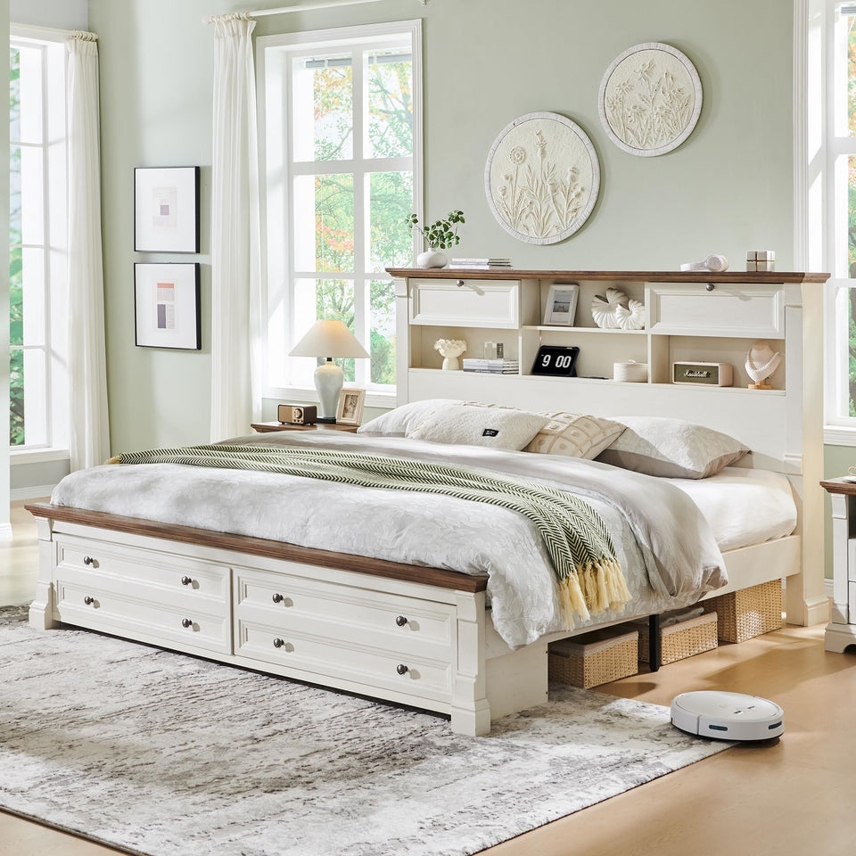 Farmhouse King Size Bed Frame with 54" Tall Storage Bookcase Headboard, Wood Platform Bed Frame with 2 Drawers & 18" Tall Roman Column Decoration Footboard, No Box Spring Needed(Antique White)