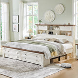 Farmhouse King Size Bed Frame with 54" Tall Storage Bookcase Headboard, Wood Platform Bed Frame with 2 Drawers & 18" Tall Roman Column Decoration Footboard, No Box Spring Needed(Antique White)