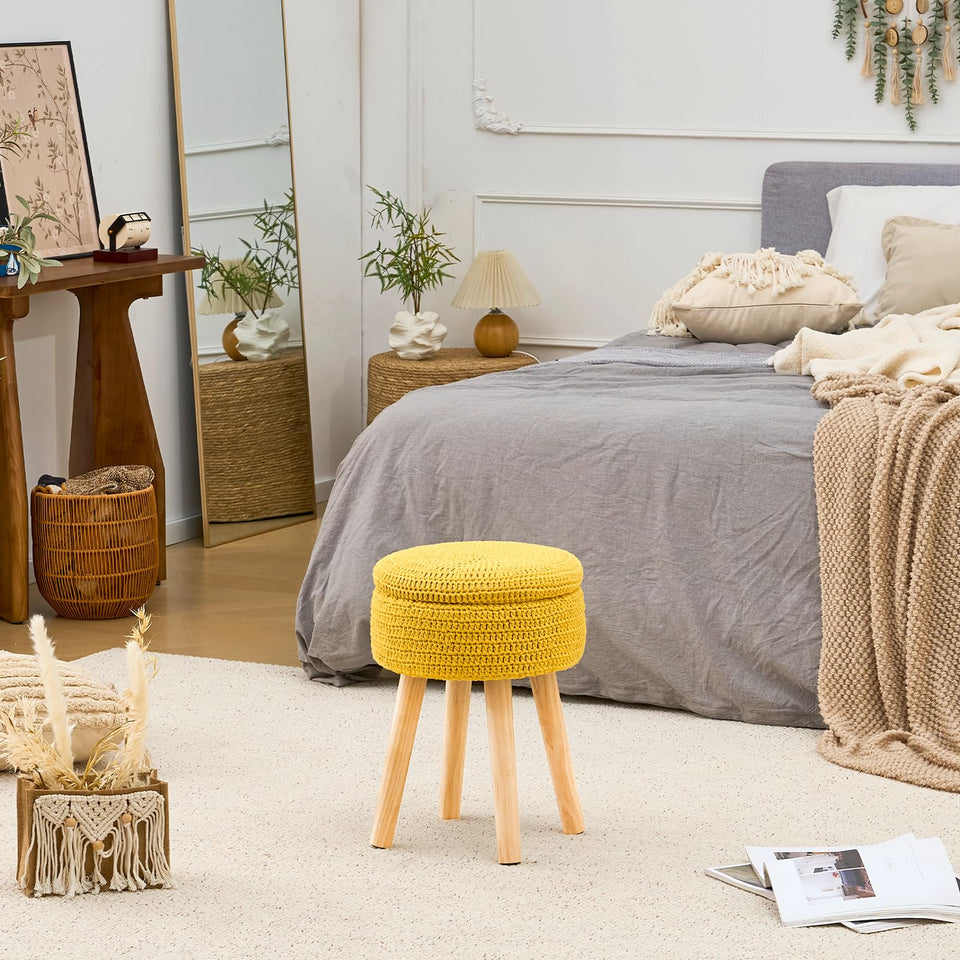 Wimarsbon Pouf Ottoman, 100% Cotton Knitted Boho Footstool, Round Footrest with Non-Skid Wood Legs, Home Décor Handmade Pouffe, Leisure Floor Step Stool for Living Room (Beige)