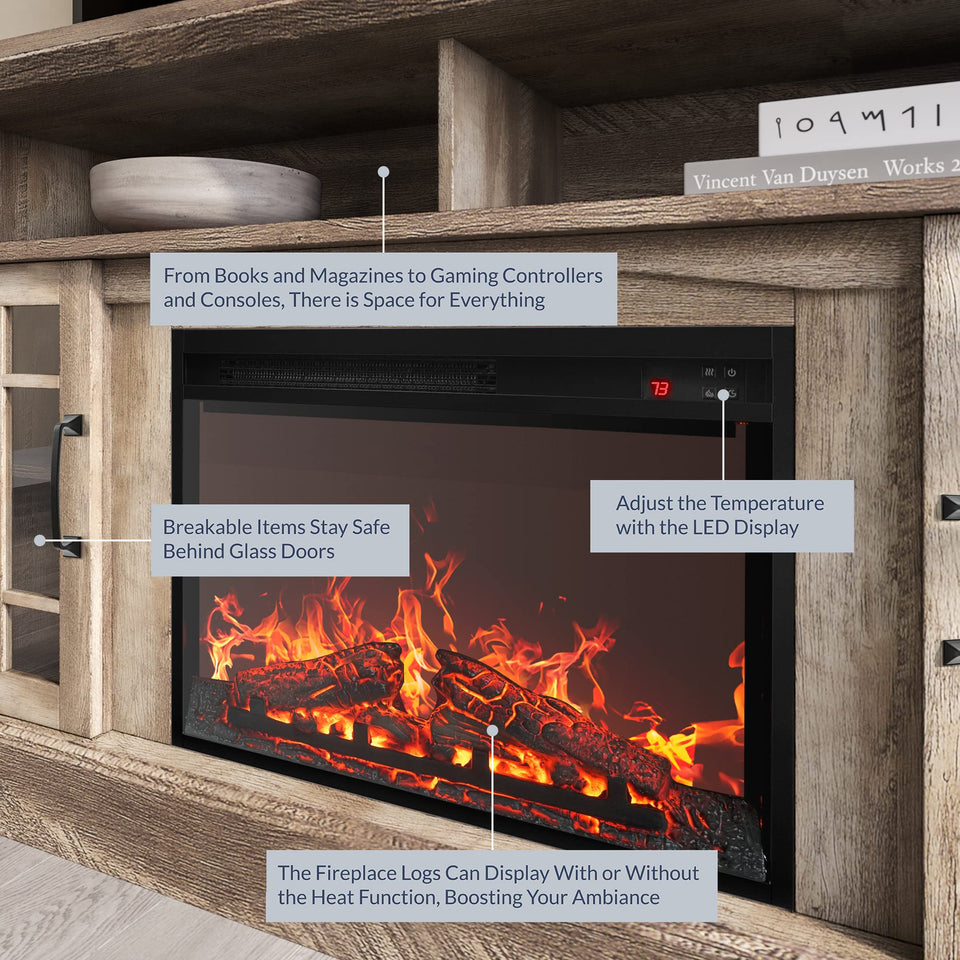BELLEZE Traditional 58" Rustic TV Stand with 23" Electric Fireplace Heater with Sound, Media Entertainment Center Console Table for TV up to 65" with Open Storage Shelves and Cabinets - Espresso