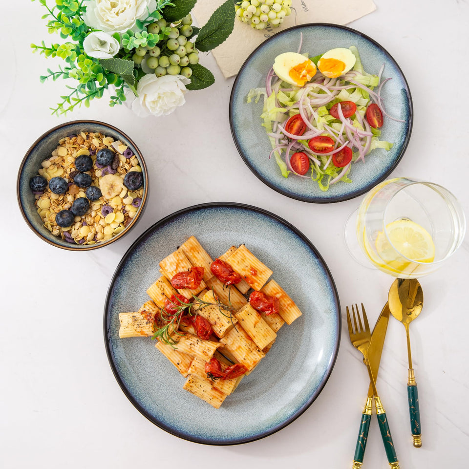 LeRatio Ceramic Dinnerware Sets for 6,Plates and Bowls Sets,Handmade Reactive Glaze Dishes Set,Chip Resistant and Scratch Resistant | Oven&Dishwasher & Microwave Safe-Blue(18PCS)