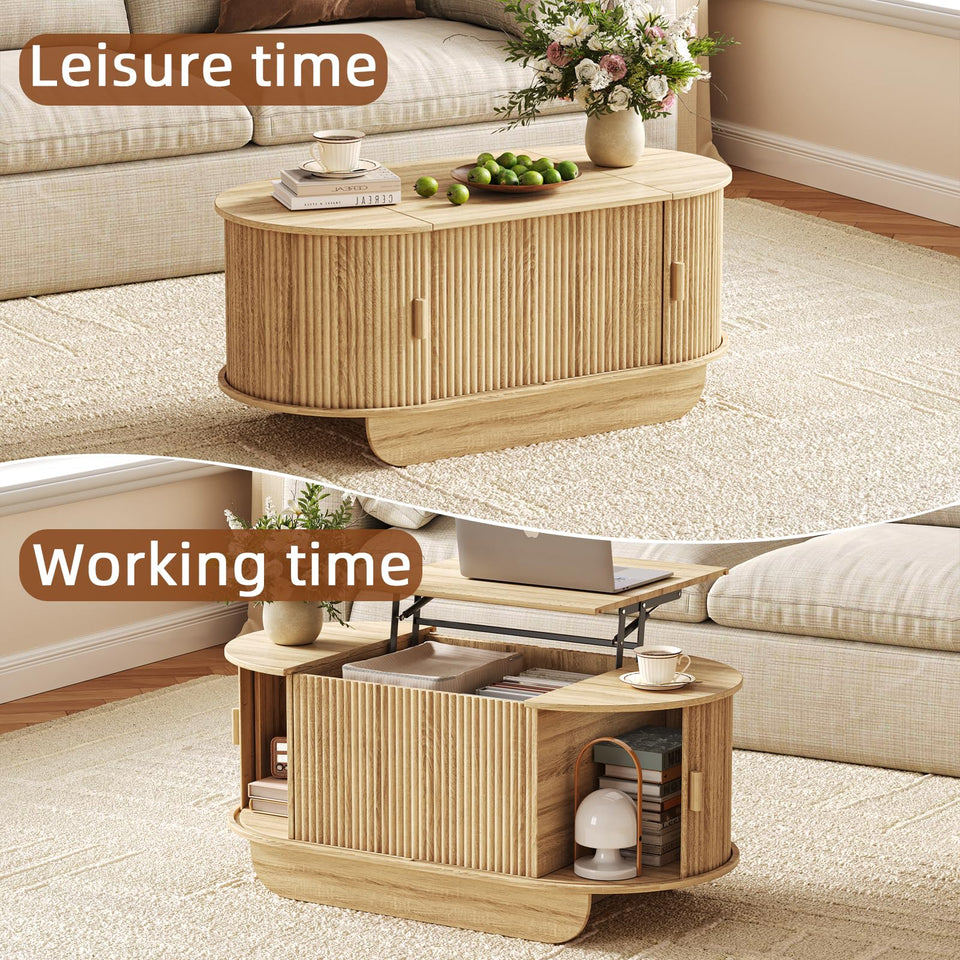 UKAOCAI 86.61'' Tambour TV Stand for 55-85 Inch, Modern Entertainment Center with Large Storage Cabinet & Open Shelves, TV Console with Sliding Doors for Living Room, Bedroom, Natural