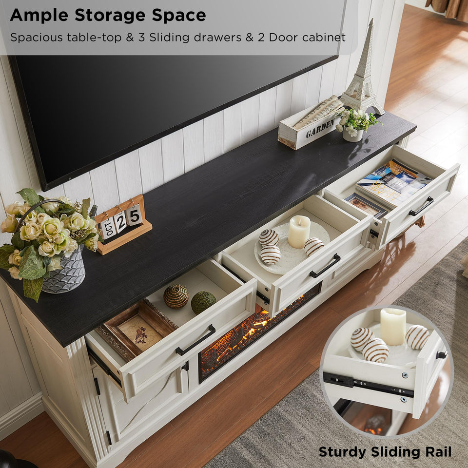 JXQTLINGMU Farmhouse Fireplace TV Stand for Up to 80 Inch TV, Entertainment Center with 30" Electric Fireplace for 65 75 Inch TV, 70" TV Stand with Storage Cabinet Drawer for Living Room (Off White)