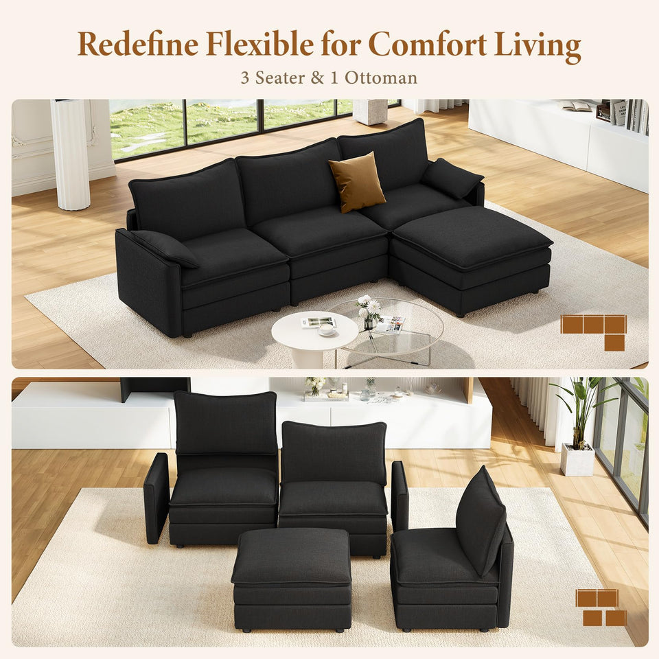 Vesgantti 142" U Shaped Sectional Couch, Comfy Cloud Modular Sectional Sofa with 2 Ottoman Deep Seat Chenille Modern Cloud Sofa, Modular Sofas for Living Room, Bedroom and Apartment, Beige