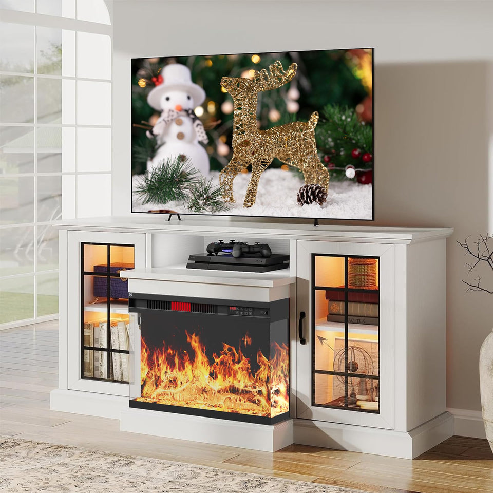 oneinmil 36 Inch 3-Sided Glass Fireplace TV Stand for TVs up to 80", Rustic Media Entertainment Center Console Table with Glass Door Closed Storage, Set of TV Table, White