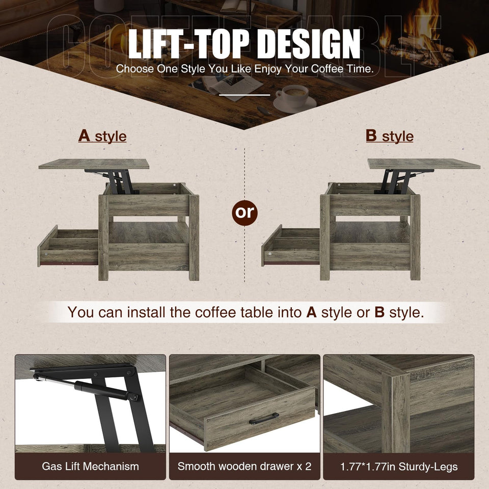 Rolanstar Coffee Table, Lift Top Coffee Table with Drawers and Hidden Compartment, Retro Central Table with Wooden Lift Tabletop, for Living Room,Espresso