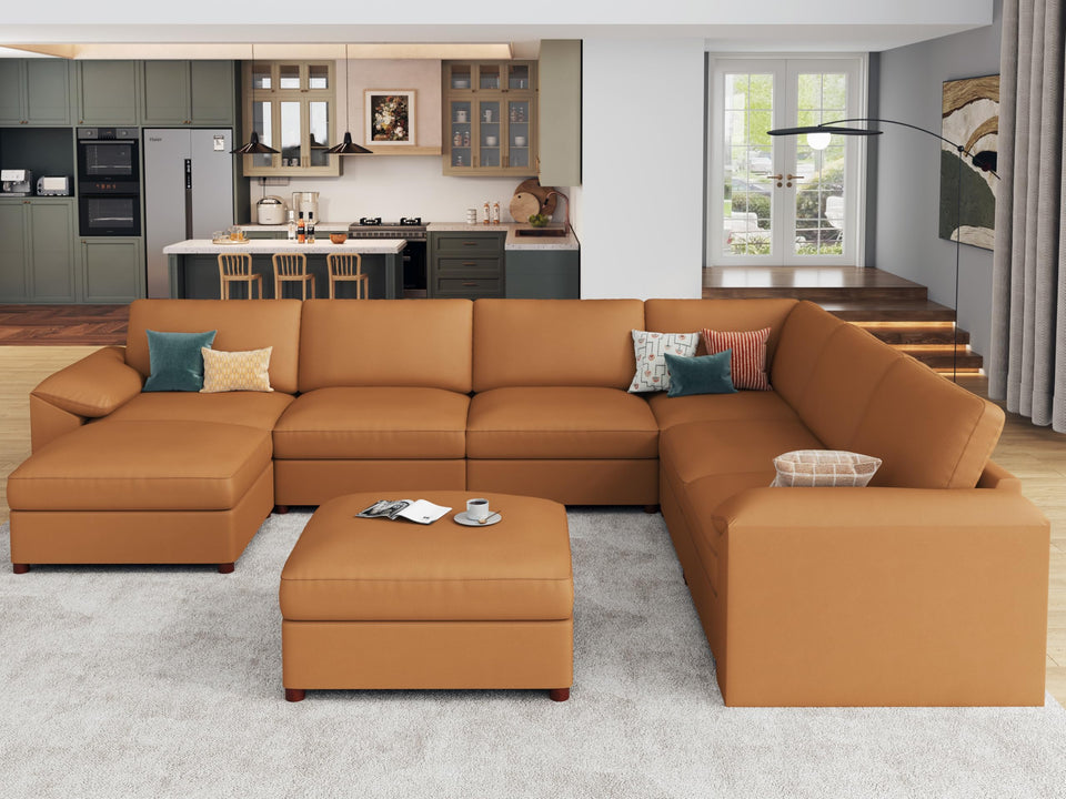 EASE MOOSE Leather Sectional Couch, Oversized Modular Sectional Sofas, Wide Deep Seat Modular Couch, Scratch Resistant Faux Leather Material, L Shaped Sofa for Big Spaces,Beige