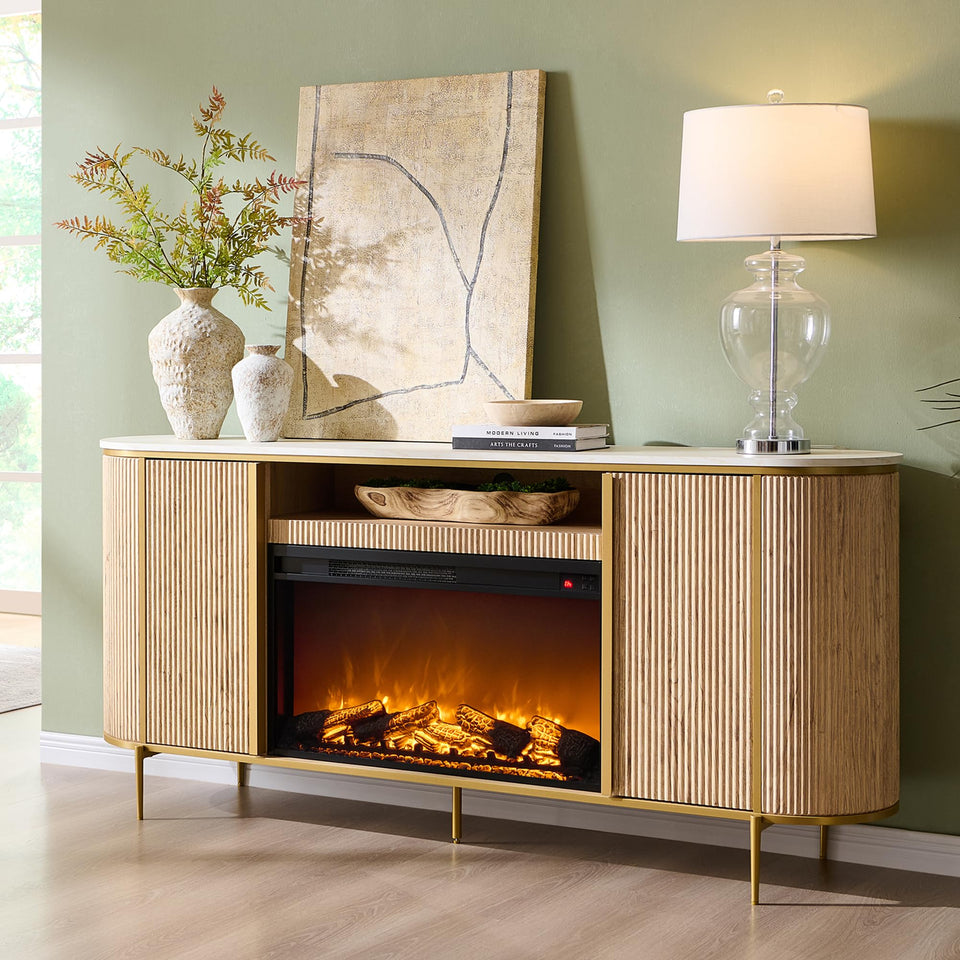 OKD Luxury 70" Fluted TV Stand, Modern Chic Entertainment Center for TVs Up to 80 inches, TV Console with Faux Marble Top, Curved Profile Design, Media Console for Living Room, Natural Oak