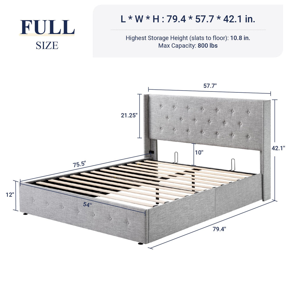 Allewie King Size Lift Up Storage Bed, Modern Wingback Headboard, Hydraulic Support, No Box Spring Needed, Light Beige