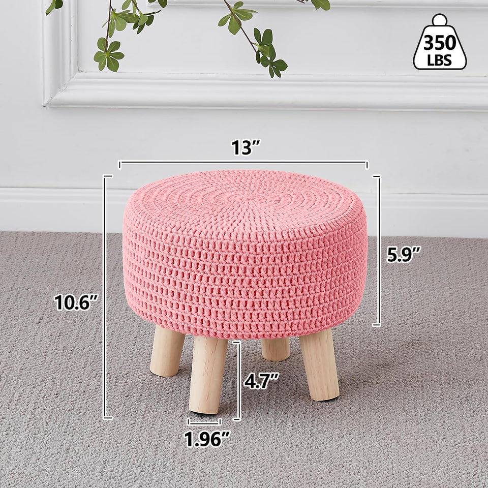 Wimarsbon Pouf Ottoman, 100% Cotton Knitted Boho Footstool, Round Footrest with Non-Skid Wood Legs, Home Décor Handmade Pouffe, Leisure Floor Step Stool for Living Room (Beige)