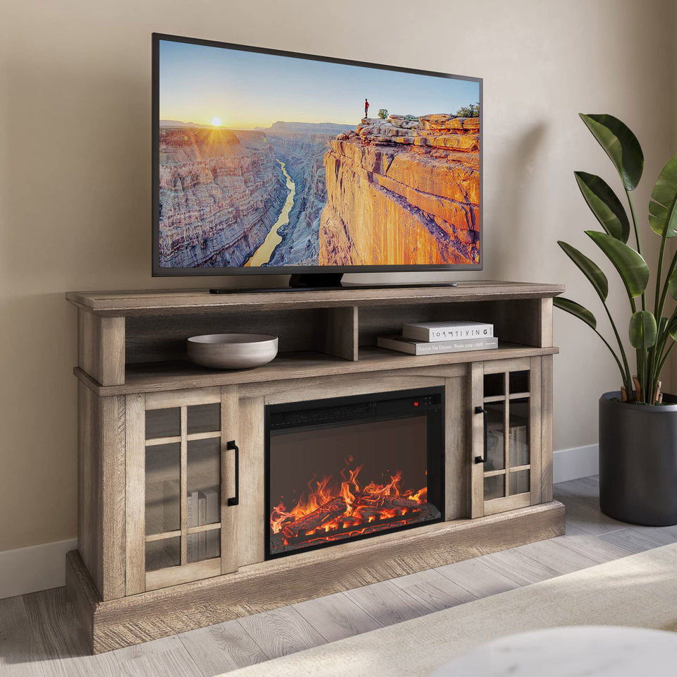 BELLEZE Traditional 58" Rustic TV Stand with 23" Electric Fireplace Heater with Sound, Media Entertainment Center Console Table for TV up to 65" with Open Storage Shelves and Cabinets - Espresso