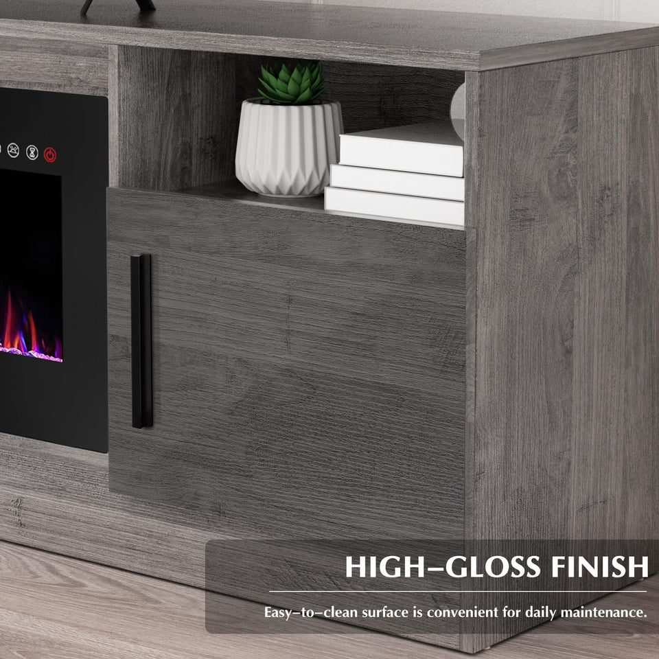 Lemberi Fireplace tv Stand with 36 inch Fireplace Up to 90" TVs, LED Light Entertainment Center and Storage, 80" Modern Wood Media TV Console with Highlight Cabinet for Living Room (White)