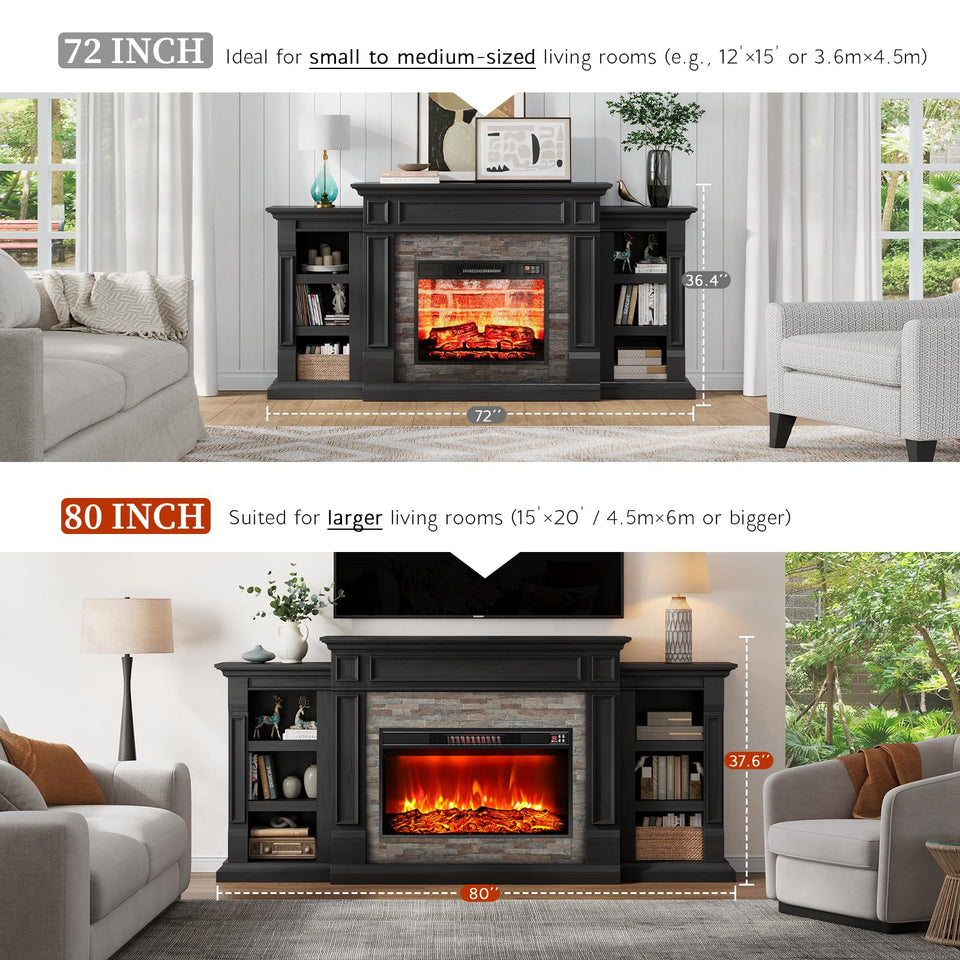 80" Fireplace TV Stand for TVs Up to 90 Inch, Electric Fireplace with Mantel, Farmhouse Entertainment Center with Storage, Realistic Stacked Stone Surround with Remote Control for Living Room