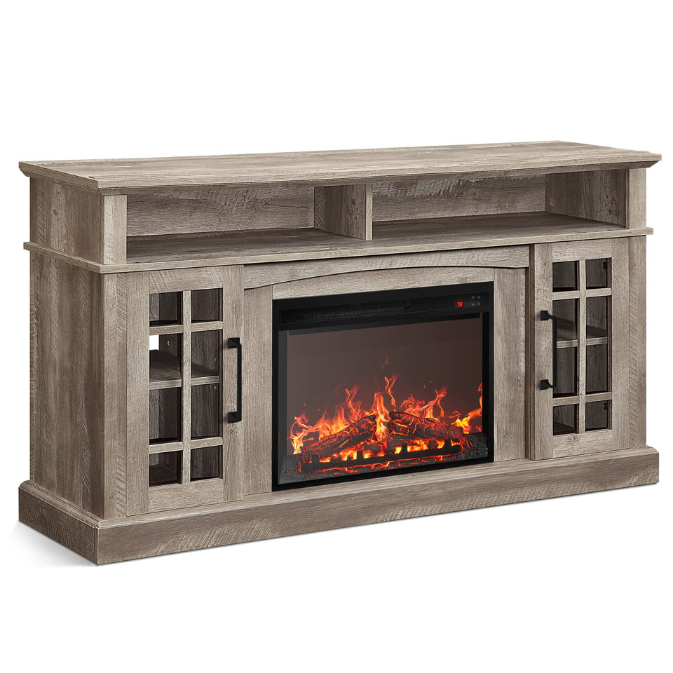 BELLEZE Traditional 58" Rustic TV Stand with 23" Electric Fireplace Heater with Sound, Media Entertainment Center Console Table for TV up to 65" with Open Storage Shelves and Cabinets - Espresso