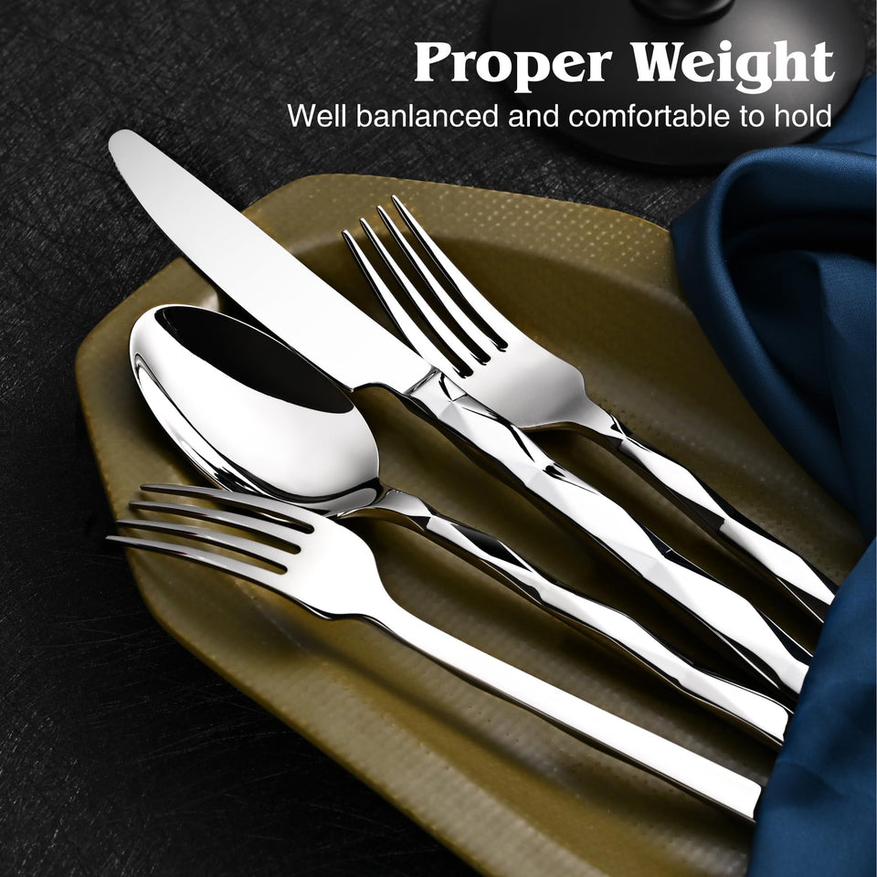 KINGSTONE Silverware Set, Luxury 40 Piece Flatware Set for 8, 18/10 Stainless Steel Cutlery Set with Diamond Cut Pattern for Kitchen, Home, Wedding, Party, Mirror Polished and Dishwasher Safe