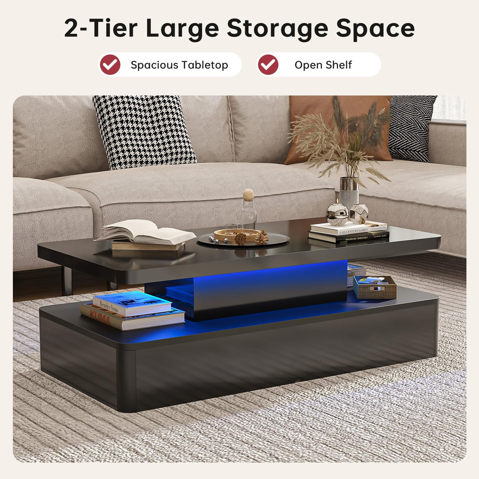 oneinmil Modern LED Coffee Table, 40" Living Room Tables with 16 Colors LED Lights, Double-Layer Design, Stylish Coffee Tables for Living Room, Black