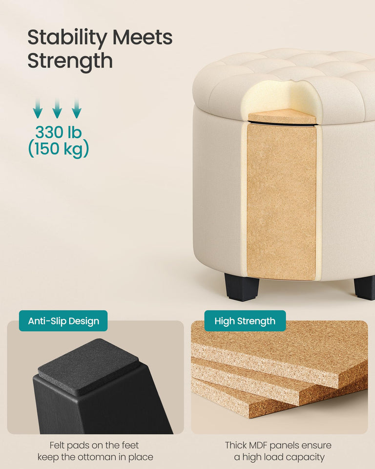 SONGMICS Round Ottoman, Ottoman with Storage, 17.7 Dia. x 17.5 H Inches Foot Rest with Legs, Load up to 330 lb, for Living Room, Bedroom, Dark Gray ULOM011G01