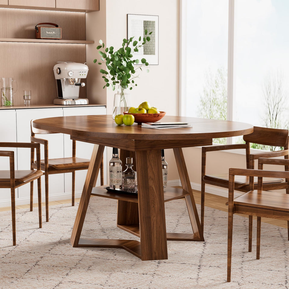 43.3in-59in Extendable Round Dining Table for 4-8,Modern Kitchen Oval Dining Table with Removable Leaves Space Saving,Wood Base with Storage Shelf for Kitchen Living Room (Walnut)