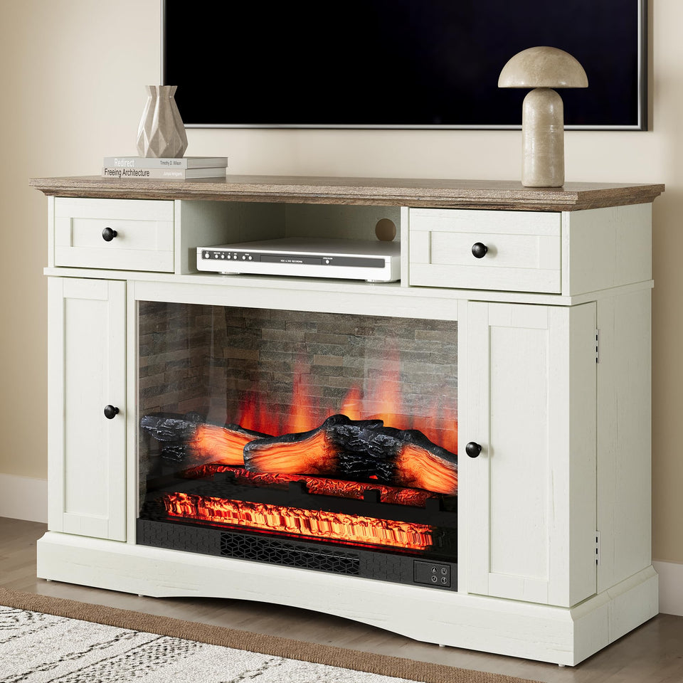 RoyalCraft Fireplace TV Stands with for TVs up to 55'', Media Console Table with Adjustable Shelves, Double-Door Design, Entertainment Center for Living Room, White and Rustic Oak