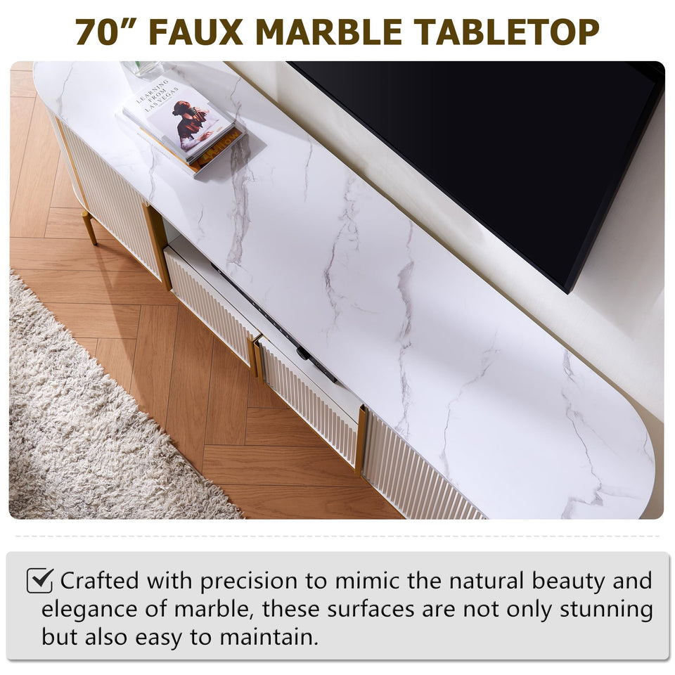 OKD Luxury 70" Fluted TV Stand, Modern Chic Entertainment Center for TVs Up to 80 inches, TV Console with Faux Marble Top, Curved Profile Design, Media Console for Living Room, Natural Oak