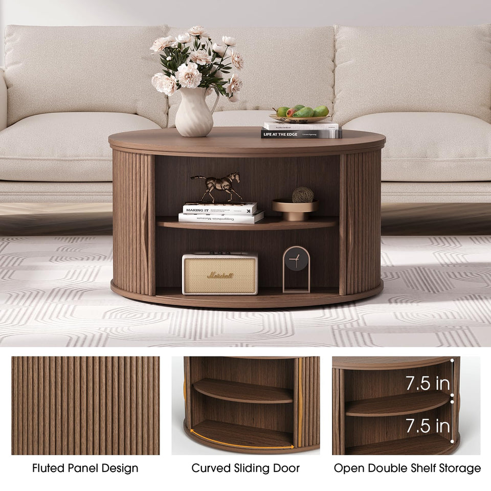 JOINICE, Round Coffee Table with Storage, Mid Century Modern Center Table with Sliding Cabinet Door, Fluted Dining Table for Living Room, Home Small Space, 31.5", Walnut