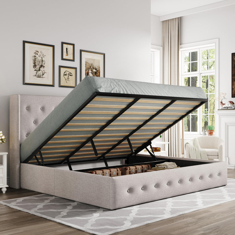 Allewie King Size Lift Up Storage Bed, Modern Wingback Headboard, Hydraulic Support, No Box Spring Needed, Light Beige