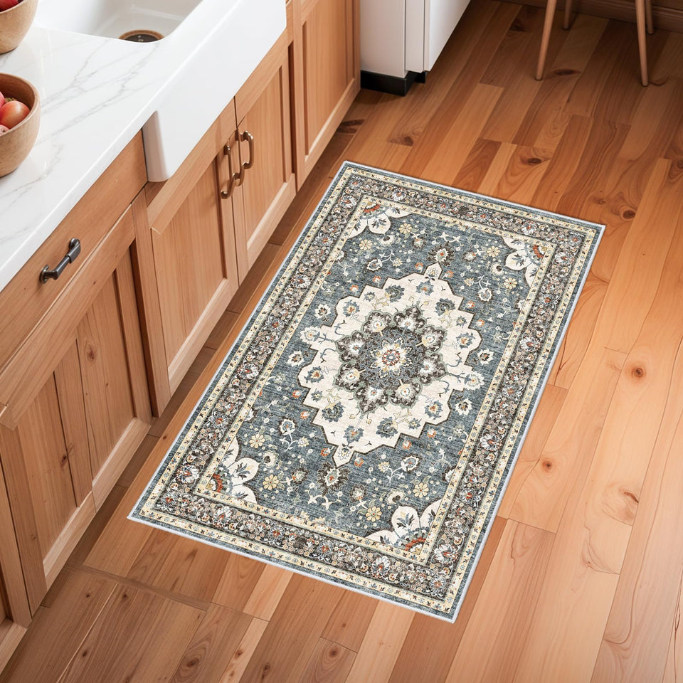 TOPRUUG Washable Oriental Area Rug - 12x15 Rugs for Living Room Soft Carpet for Bedroom Waterproof Floral Distressed Indoor Stain Resistant Non-Shedding Floor Carpets (Green, 12x15)