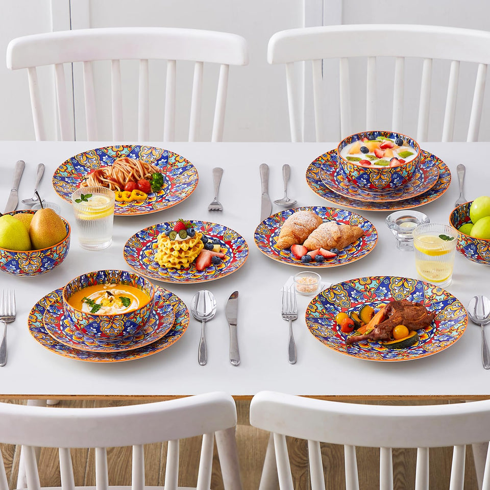 vancasso 24 Pieces Dinnerware Sets, Plates and Bowls Set, Porcelain Dishes Set for 6, Microwave and Dishwasher Safe, Scratch Resistant, Bohemian Style Dining Ware Service for 6, Series SIMI