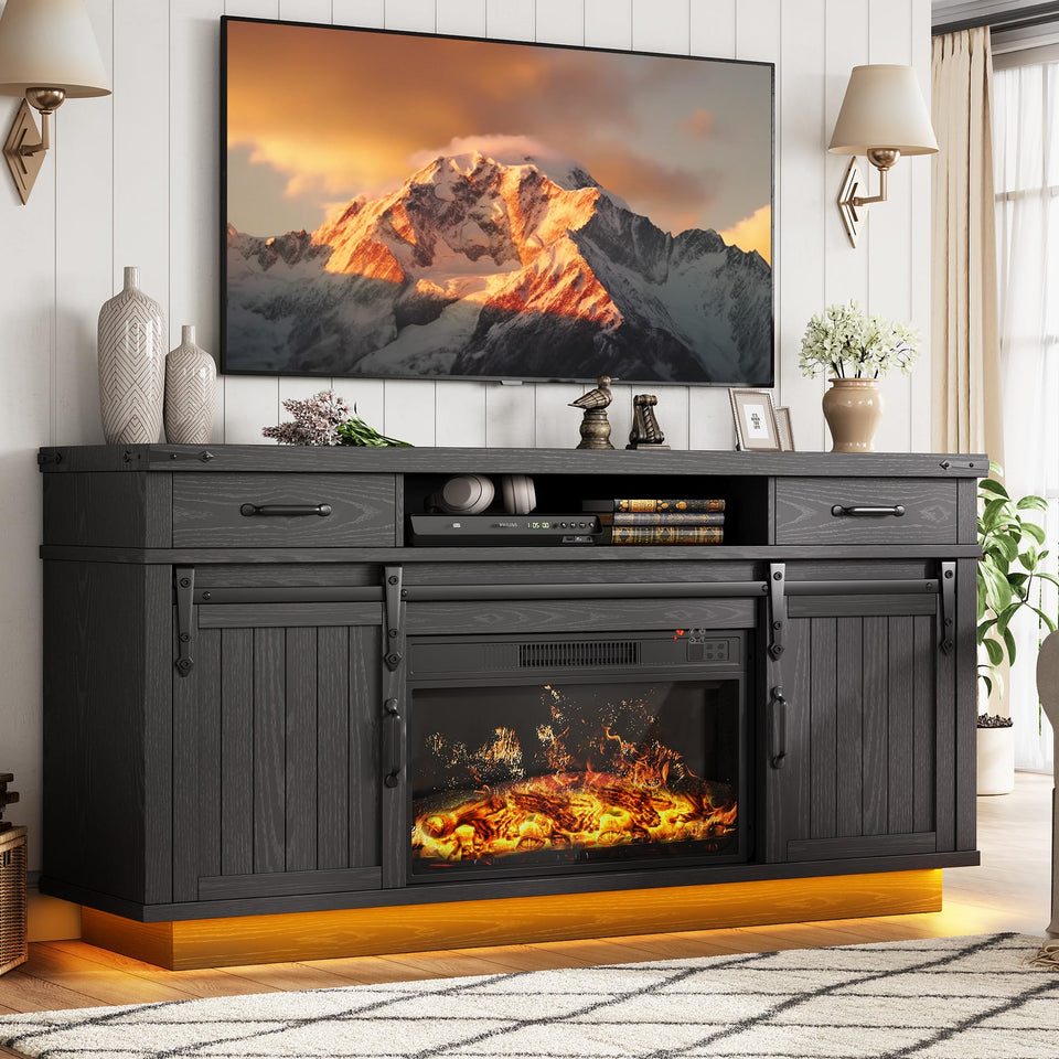 59'' Fireplace TV Stand with 3D Flame Electric Fireplace Heater, 34'' Tall Farmhouse TV Stand for 65 Inch TV, Entertainment Center TV Console with 2 Drawers, Sliding Barn Door for Living Room - White