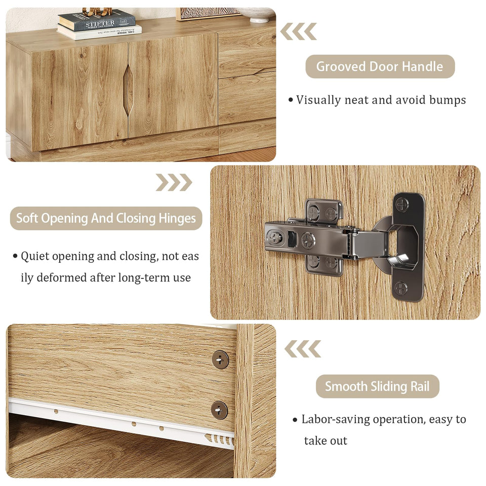 UKAOCAI 86.61'' Tambour TV Stand for 55-85 Inch, Modern Entertainment Center with Large Storage Cabinet & Open Shelves, TV Console with Sliding Doors for Living Room, Bedroom, Natural
