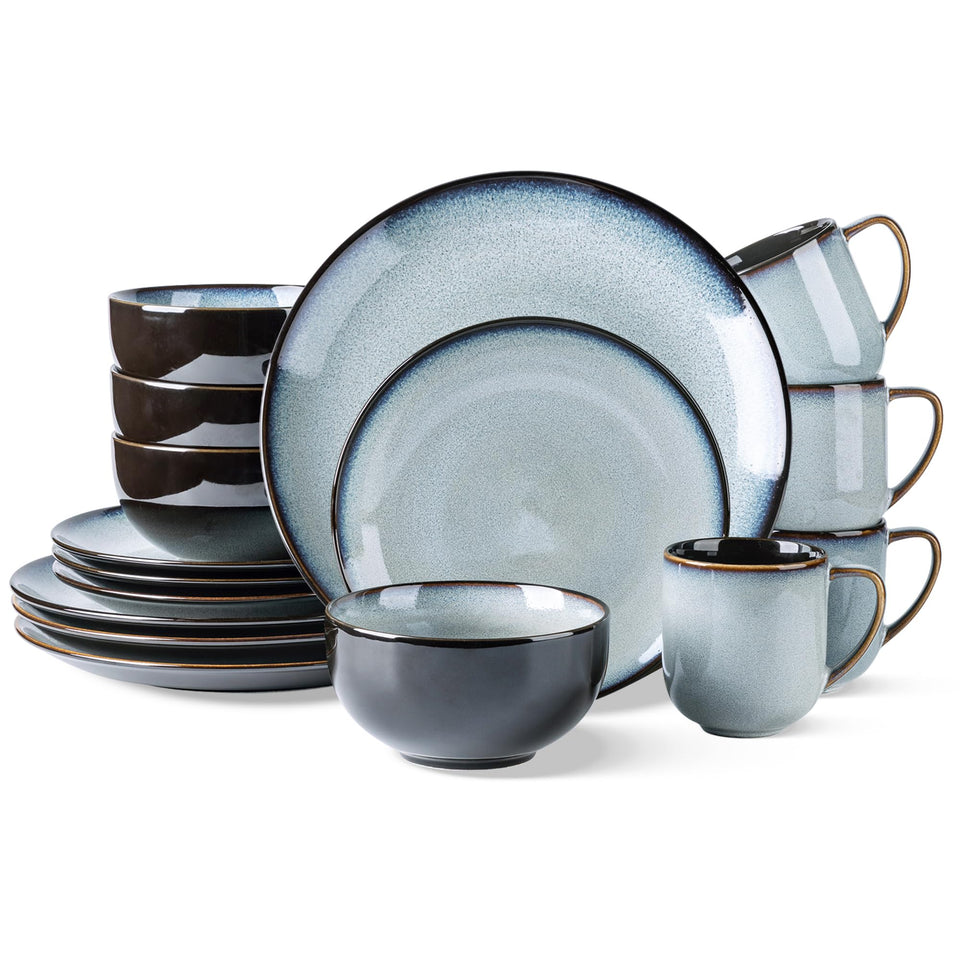 LeRatio Ceramic Dinnerware Sets for 6,Plates and Bowls Sets,Handmade Reactive Glaze Dishes Set,Chip Resistant and Scratch Resistant | Oven&Dishwasher & Microwave Safe-Blue(18PCS)