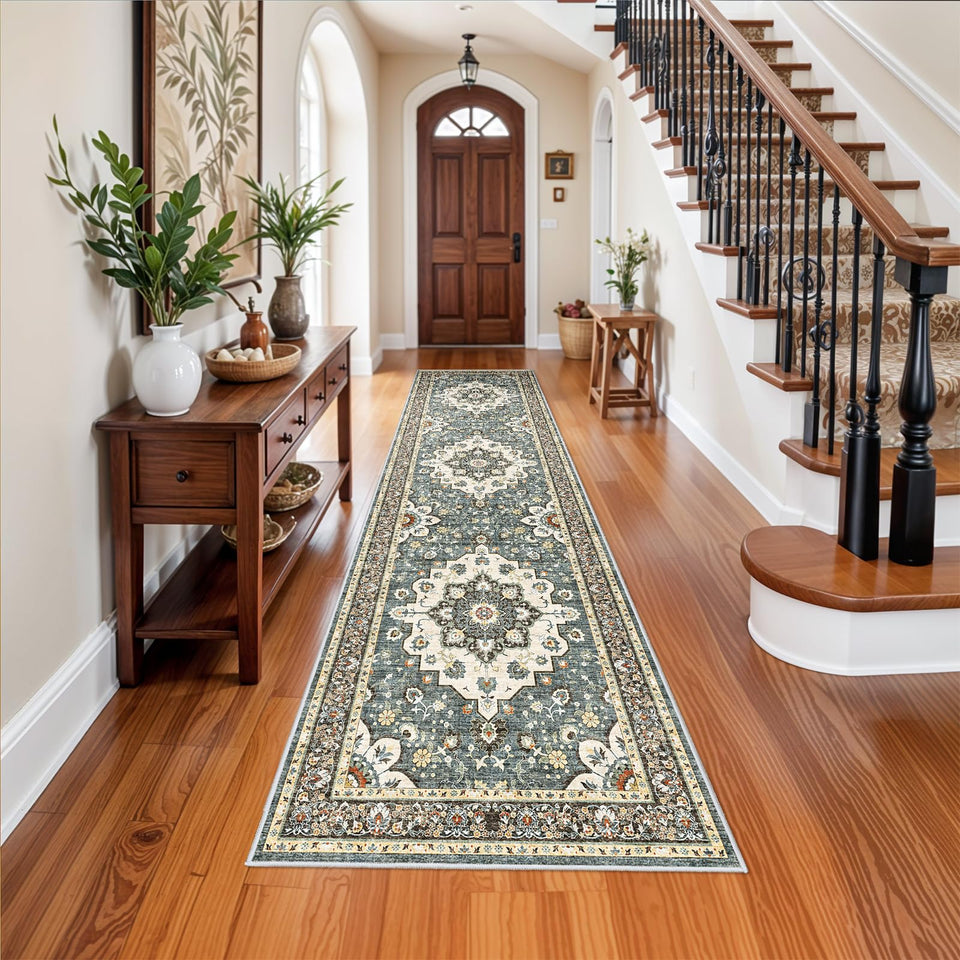 TOPRUUG Washable Oriental Area Rug - 12x15 Rugs for Living Room Soft Carpet for Bedroom Waterproof Floral Distressed Indoor Stain Resistant Non-Shedding Floor Carpets (Green, 12x15)