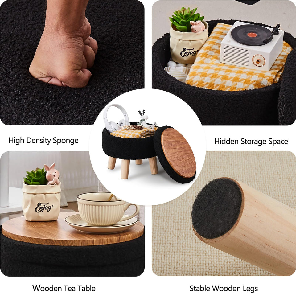 Wimarsbon Storage Ottoman, Modern Round Footrest with Soft Padded Seat, Teddy Velvet Footstool with Wood Legs, Accent Small Table or Plant Stand for Hallway, Living Room (Cream)