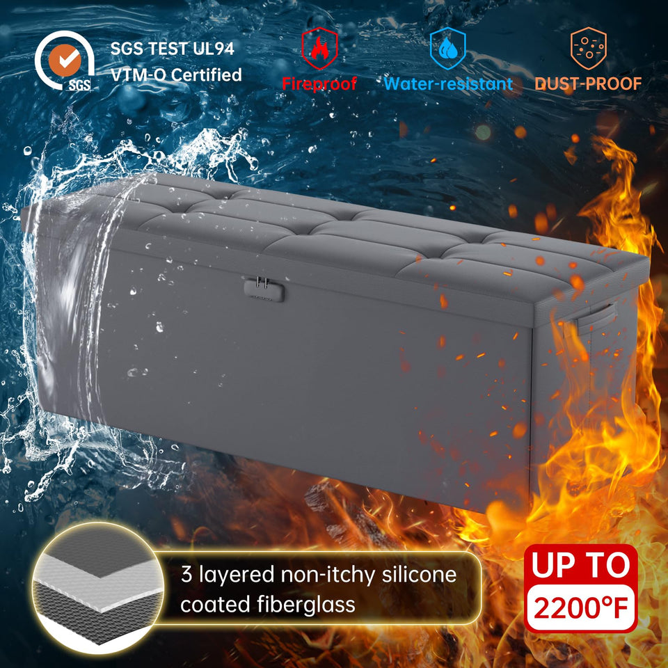 DocSafe Storage Ottoman with Lock,Fireproof Folding Ottoman Foot Rest Stool Storage Chest with Storage Safe for Important Documents,Waterproof 17 Inches Short Ottoman Foot Stool with Handles,Black