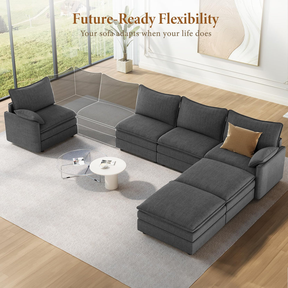 Vesgantti 142" U Shaped Sectional Couch, Comfy Cloud Modular Sectional Sofa with 2 Ottoman Deep Seat Chenille Modern Cloud Sofa, Modular Sofas for Living Room, Bedroom and Apartment, Beige