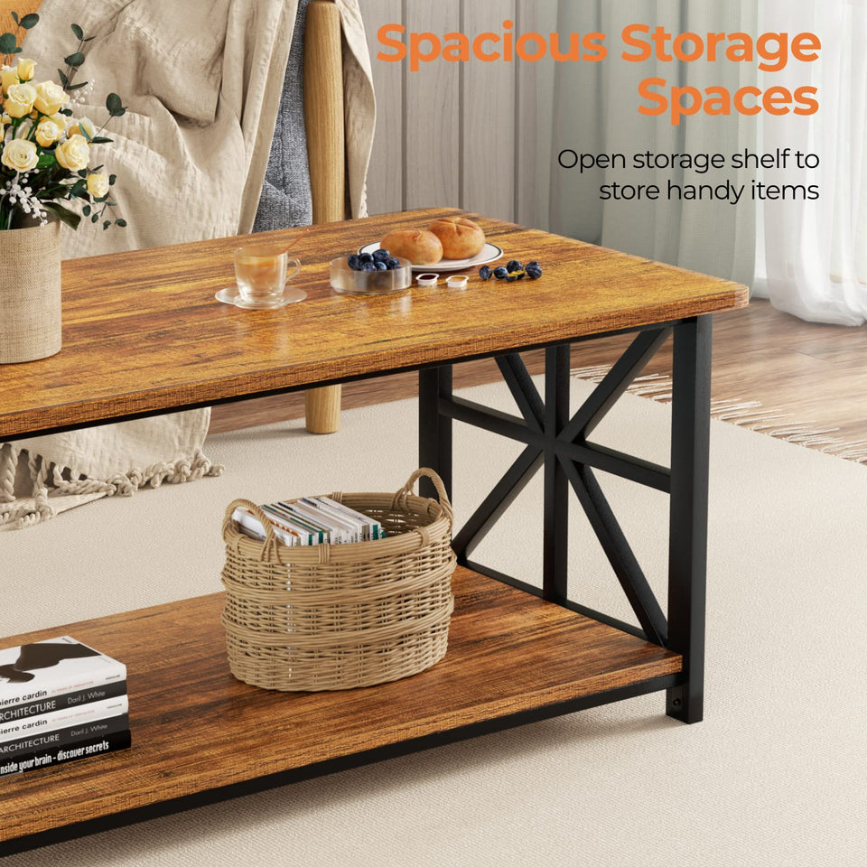 GreenForest Coffee Table for Living Room with Round Corners Farmhouse Style Center Table with Storage Shelf 39 Inch Space Saving Easy Assembly Gray Wash