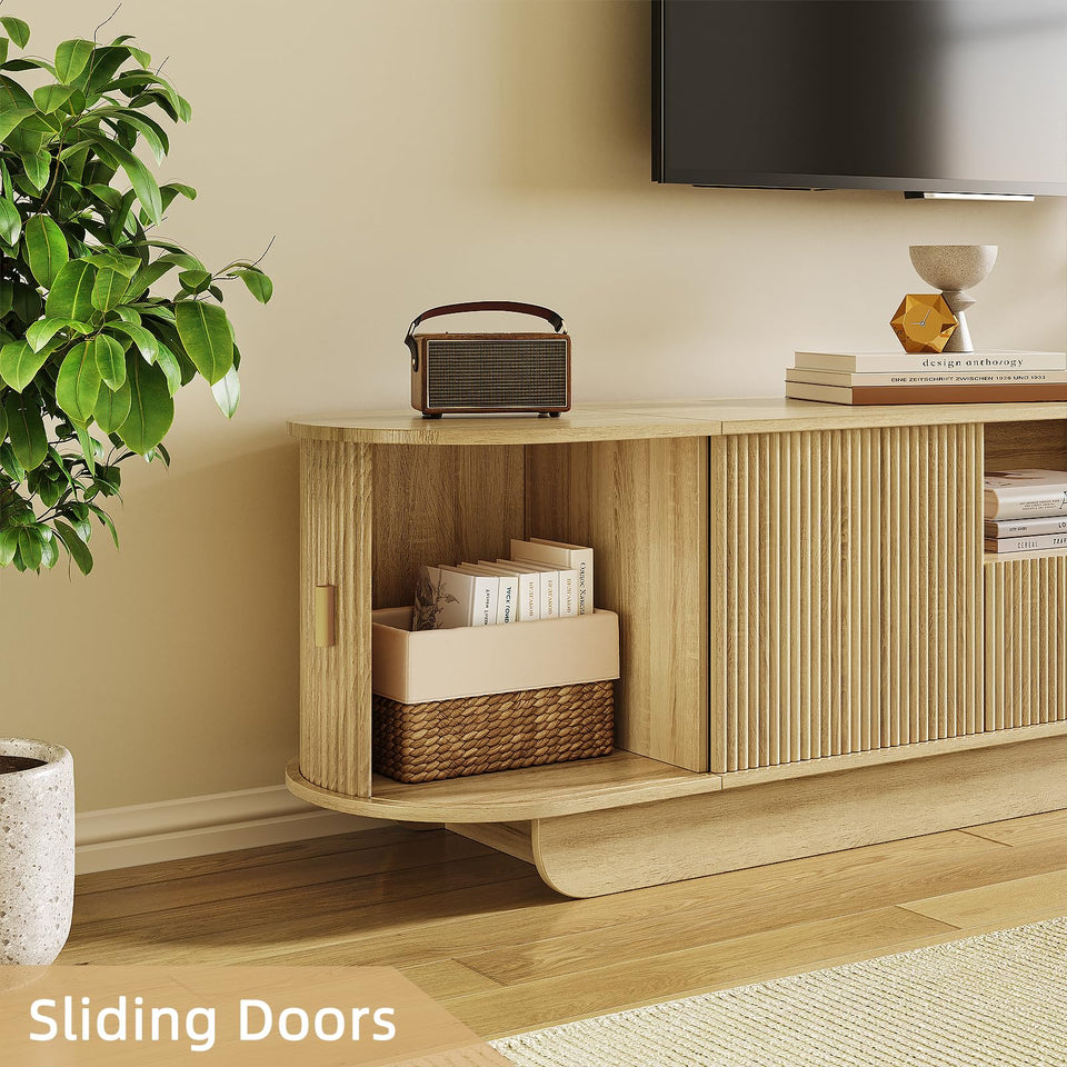 UKAOCAI 86.61'' Tambour TV Stand for 55-85 Inch, Modern Entertainment Center with Large Storage Cabinet & Open Shelves, TV Console with Sliding Doors for Living Room, Bedroom, Natural