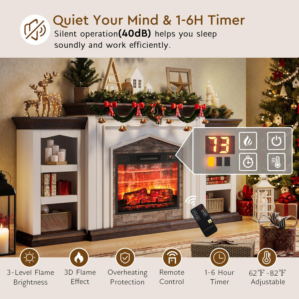 LGHM 72" Electric Fireplace with Mantel, Fireplace TV Stand for TVs Up to 80 Inch, Modern Entertainment Center with Storage, Realistic Stacked Stone Surround with Remote Control for Living Room