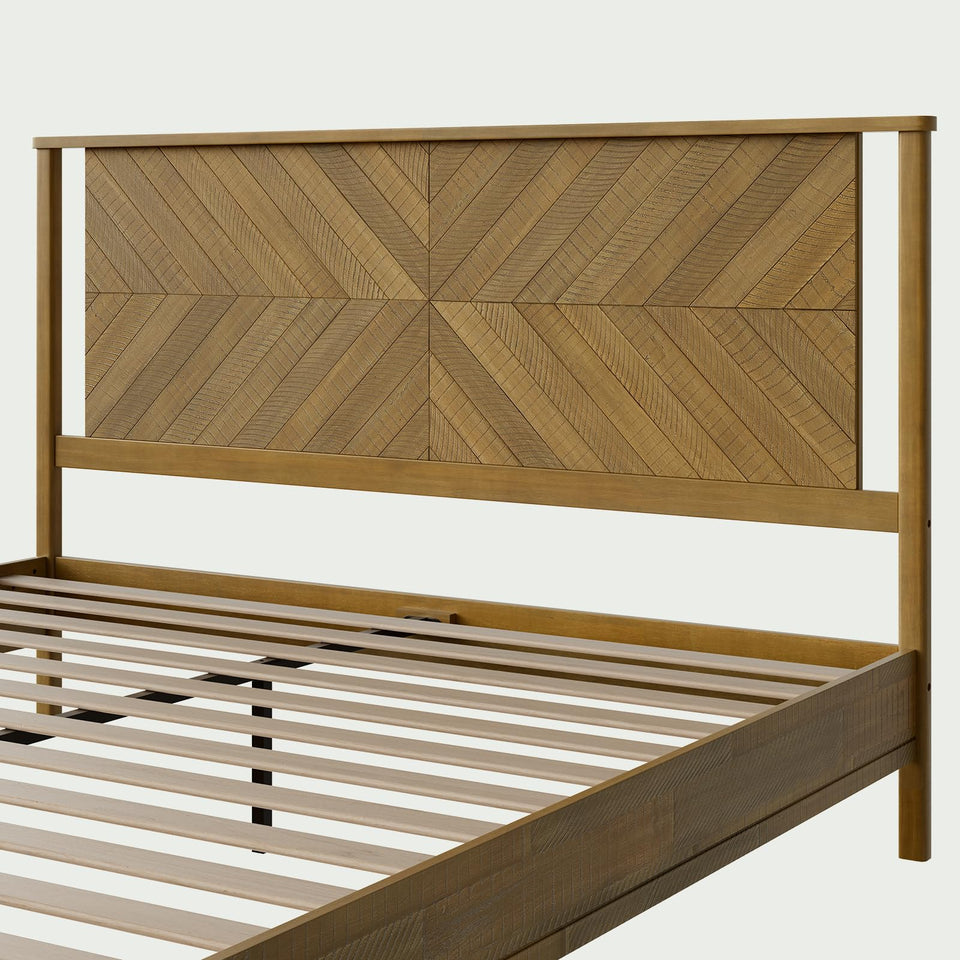 Bme Vivian 14 Inch Deluxe Bed Frame with Headboard, Rustic & Scandinavian Style with Solid Acacia Wood, No Box Spring Needed, 12 Strong Wood Slat Support, Easy Assembly, King, Rustic Golden Brown
