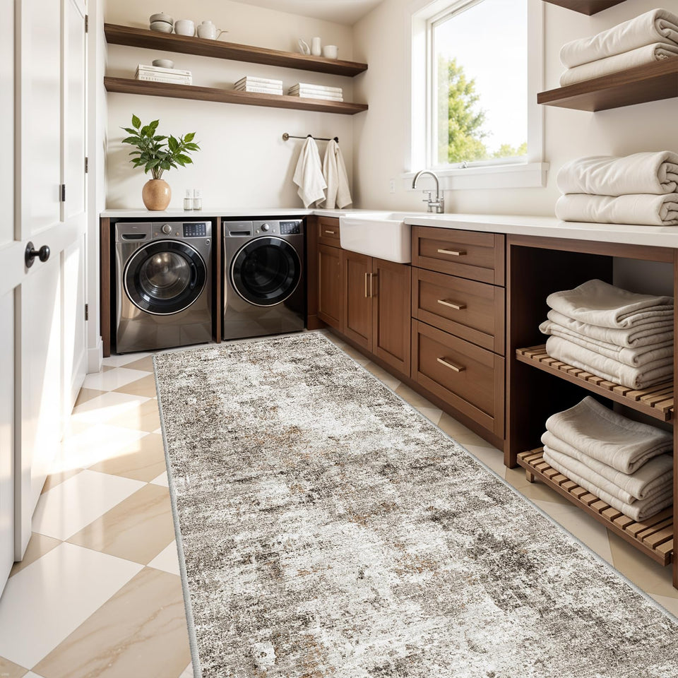 12x15 Area Rug for Living Room – Large Modern Neutral Abstract Thin Washable Carpet, Soft Low Pile Non-Slip Stain-Resistant for Bedroom Dining Room Home Office (Beige Grey)