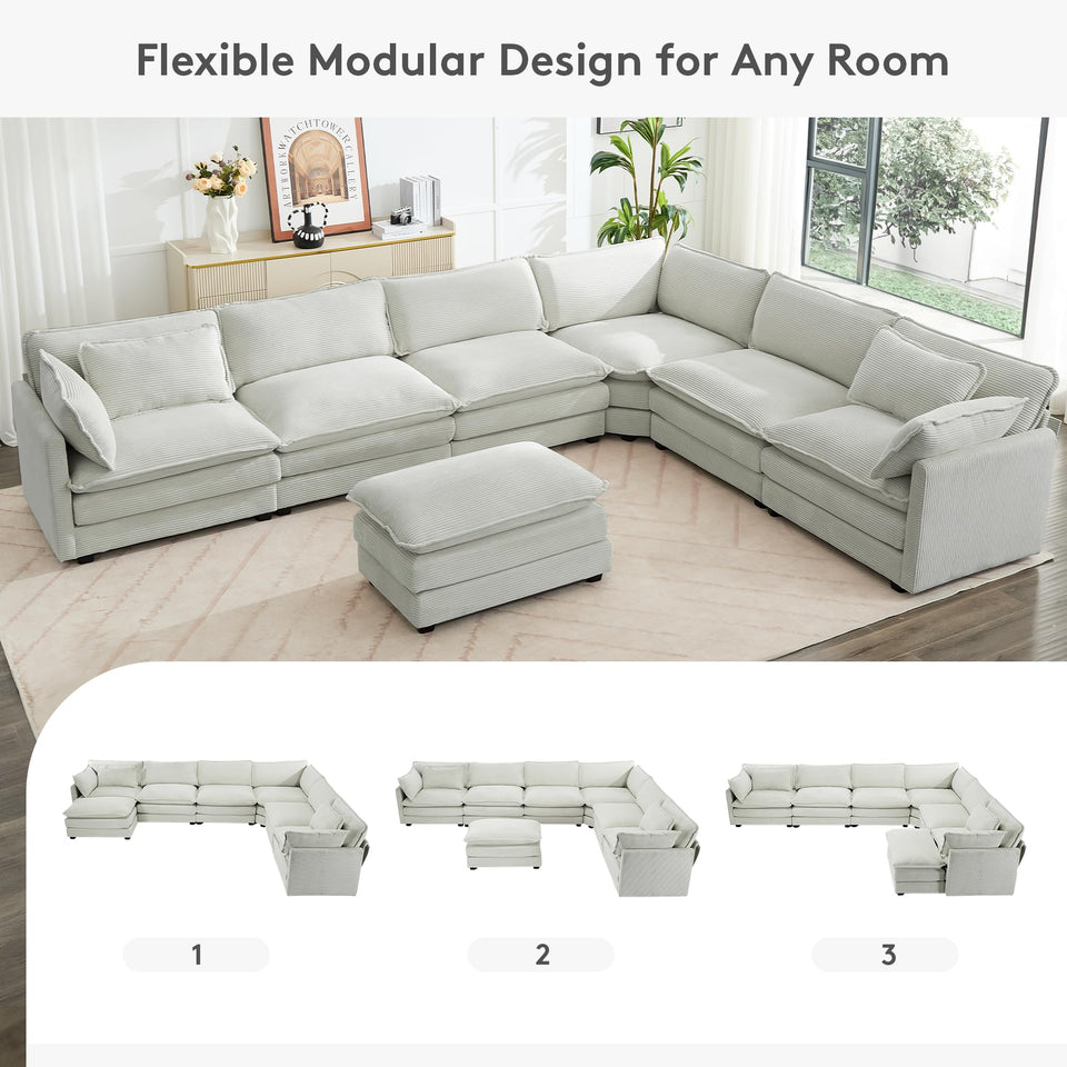 ROWHY 150'' Modular Sectional Sofa Cloud Couch, Corner Sofa Big Comfy Corduroy Oversized L Shaped Couch with 4 Pillows, Chaise, Ottoman, Deep Seat Couches for Living Room Office, Dark Grey