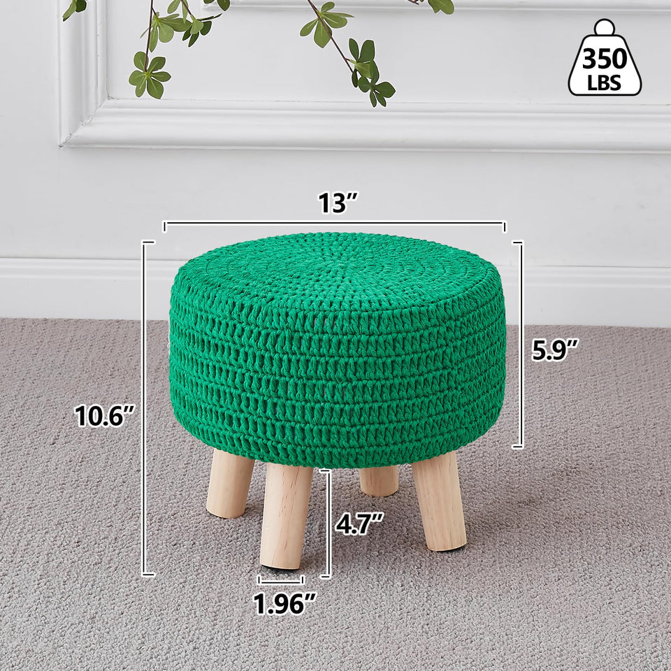 Wimarsbon Pouf Ottoman, 100% Cotton Knitted Boho Footstool, Round Footrest with Non-Skid Wood Legs, Home Décor Handmade Pouffe, Leisure Floor Step Stool for Living Room (Beige)
